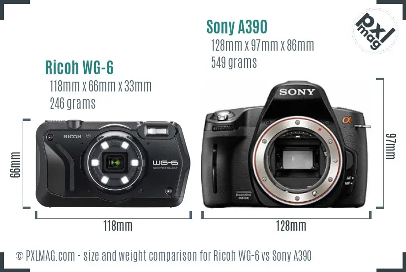 Ricoh WG-6 vs Sony A390 size comparison