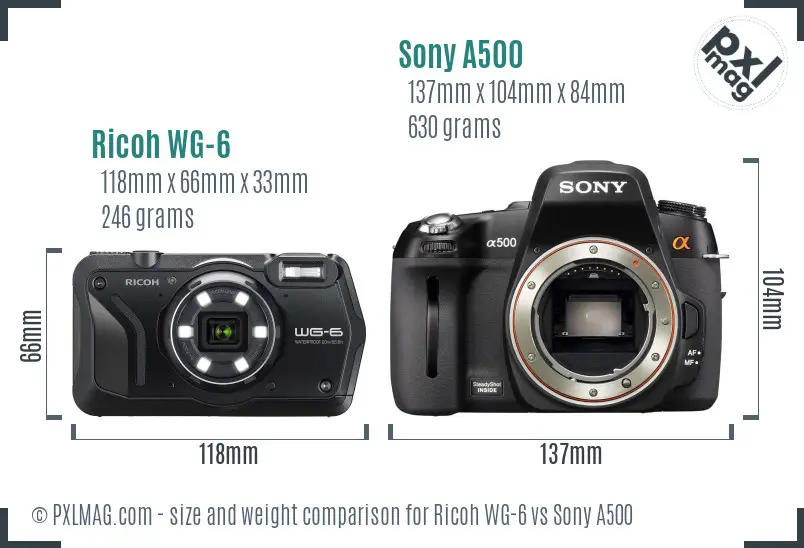 Ricoh WG-6 vs Sony A500 size comparison