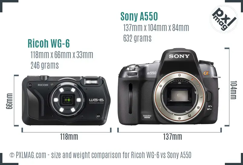 Ricoh WG-6 vs Sony A550 size comparison