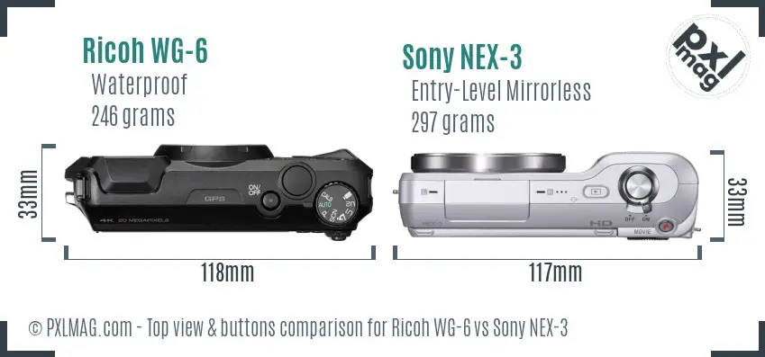 Ricoh WG-6 vs Sony NEX-3 top view buttons comparison