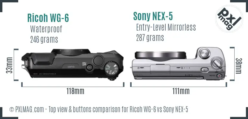Ricoh WG-6 vs Sony NEX-5 top view buttons comparison