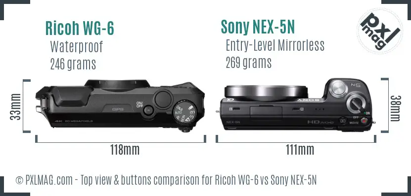 Ricoh WG-6 vs Sony NEX-5N top view buttons comparison Ricoh WG-6 vs Sony NEX-5N top view buttons comparison