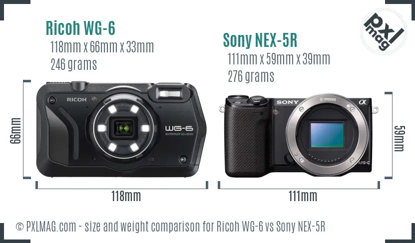 Ricoh WG-6 vs Sony NEX-5R size comparison