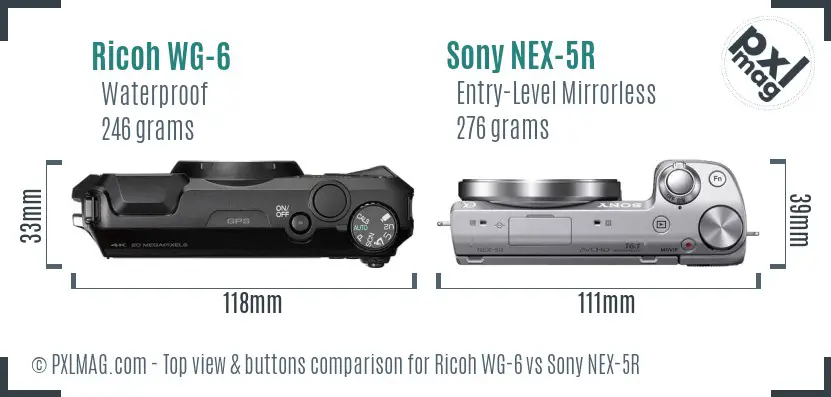 Ricoh WG-6 vs Sony NEX-5R top view buttons comparison