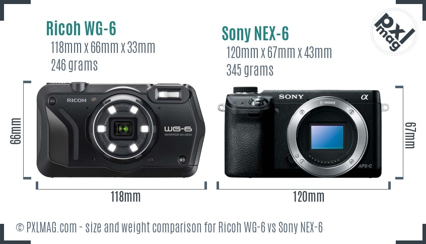 Ricoh WG-6 vs Sony NEX-6 size comparison