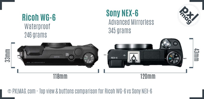 Ricoh WG-6 vs Sony NEX-6 top view buttons comparison