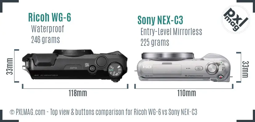 Ricoh WG-6 vs Sony NEX-C3 top view buttons comparison