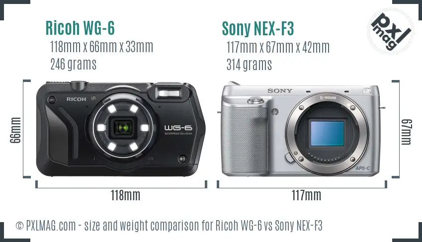 Ricoh WG-6 vs Sony NEX-F3 size comparison