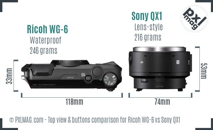 Ricoh WG-6 vs Sony QX1 top view buttons comparison