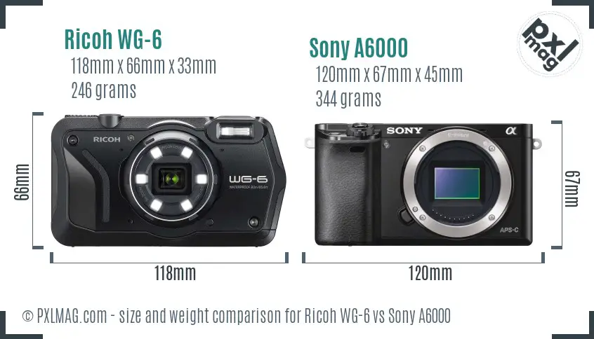 Ricoh WG-6 vs Sony A6000 size comparison