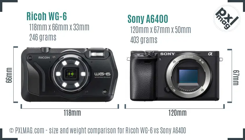 Ricoh WG-6 vs Sony A6400 size comparison