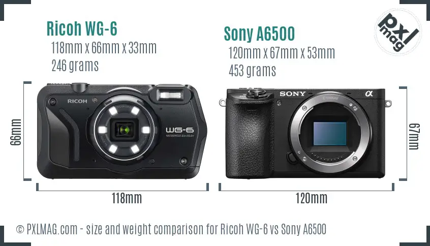 Ricoh WG-6 vs Sony A6500 size comparison