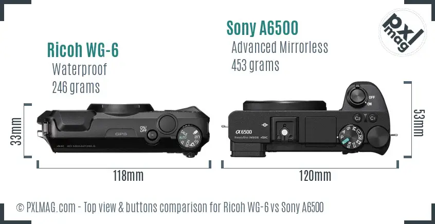 Ricoh WG-6 vs Sony A6500 top view buttons comparison