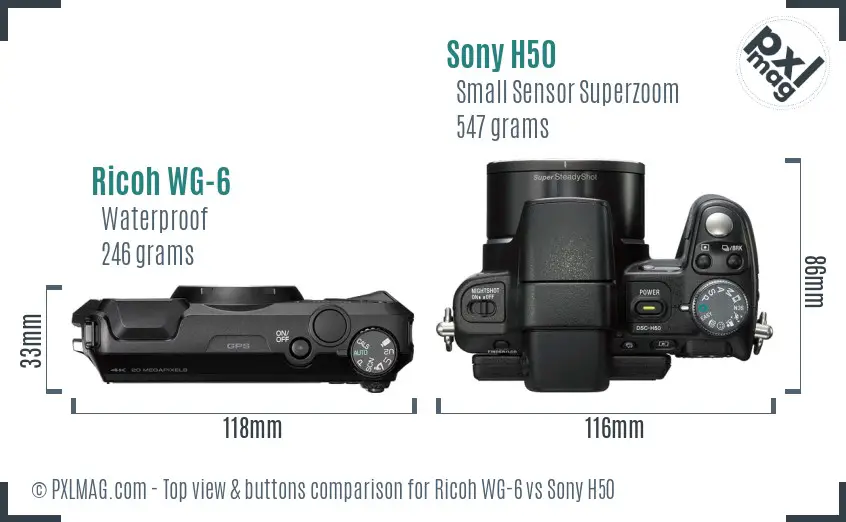 Ricoh WG-6 vs Sony H50 top view buttons comparison Ricoh WG-6 vs Sony H50 top view buttons comparison