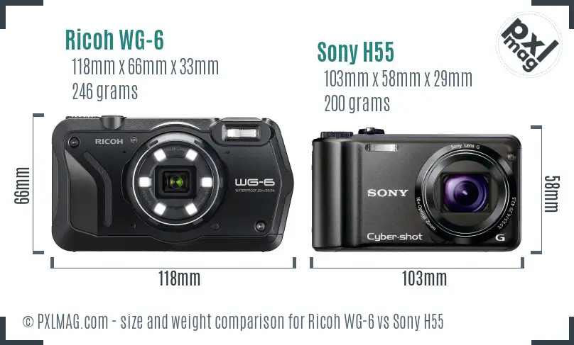 Ricoh WG-6 vs Sony H55 size comparison