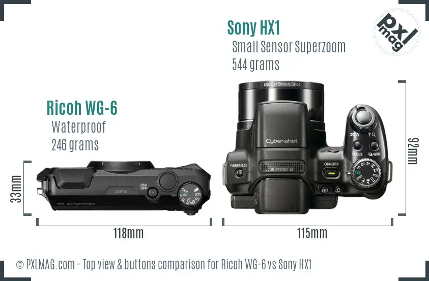 Ricoh WG-6 vs Sony HX1 top view buttons comparison