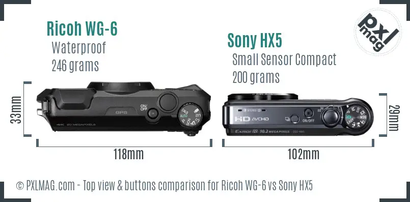 Ricoh WG-6 vs Sony HX5 top view buttons comparison