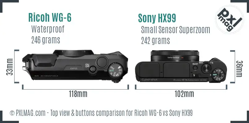 Ricoh WG-6 vs Sony HX99 top view buttons comparison