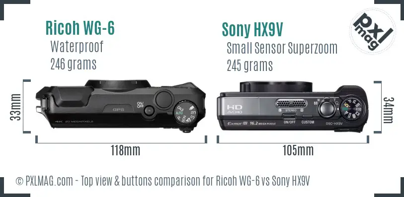 Ricoh WG-6 vs Sony HX9V top view buttons comparison