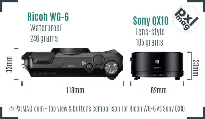Ricoh WG-6 vs Sony QX10 top view buttons comparison