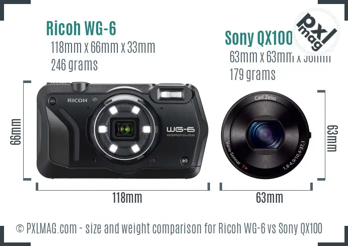 Ricoh WG-6 vs Sony QX100 size comparison