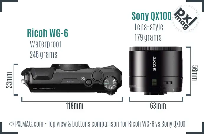 Ricoh WG-6 vs Sony QX100 top view buttons comparison