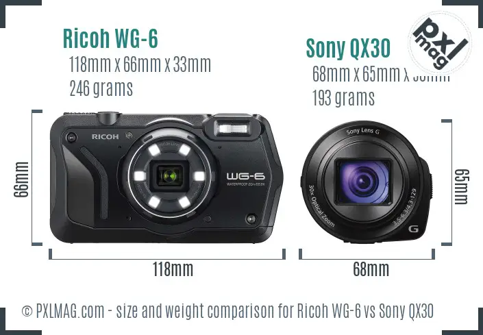 Ricoh WG-6 vs Sony QX30 size comparison