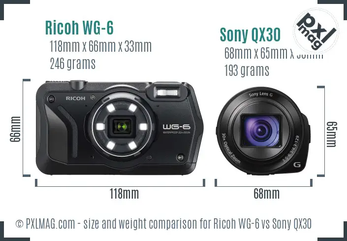 Ricoh WG-6 vs Sony QX30 size comparison Ricoh WG-6 vs Sony QX30 size comparison