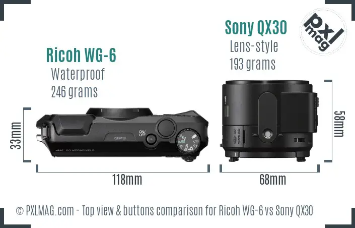 Ricoh WG-6 vs Sony QX30 top view buttons comparison Ricoh WG-6 vs Sony QX30 top view buttons comparison