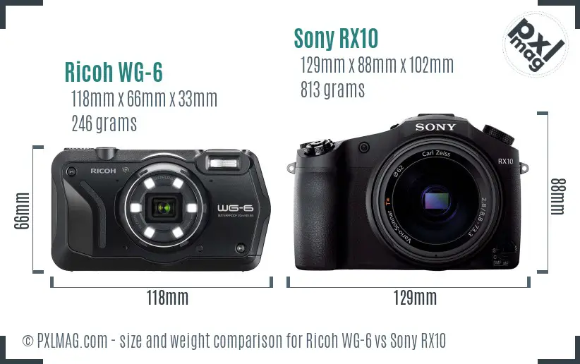 Ricoh WG-6 vs Sony RX10 size comparison