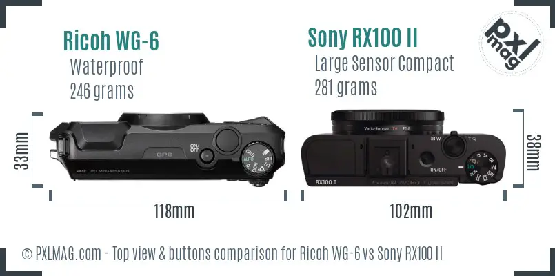 Ricoh WG-6 vs Sony RX100 II top view buttons comparison