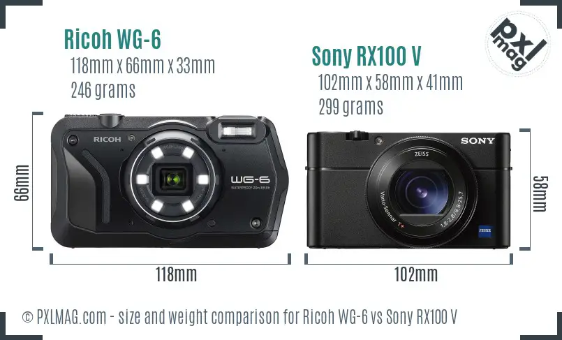 Ricoh WG-6 vs Sony RX100 V size comparison