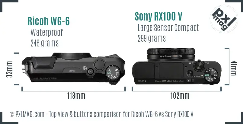 Ricoh WG-6 vs Sony RX100 V top view buttons comparison