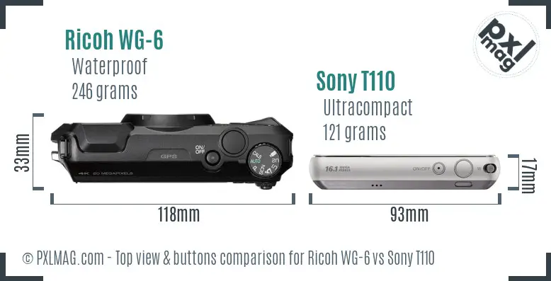 Ricoh WG-6 vs Sony T110 top view buttons comparison