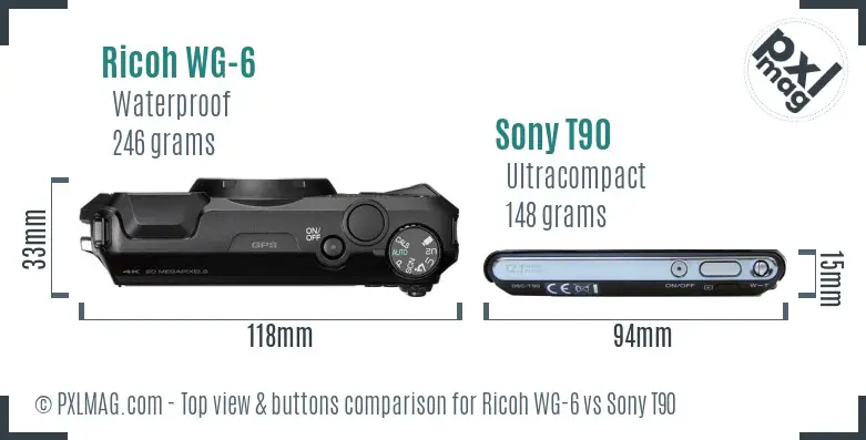 Ricoh WG-6 vs Sony T90 top view buttons comparison