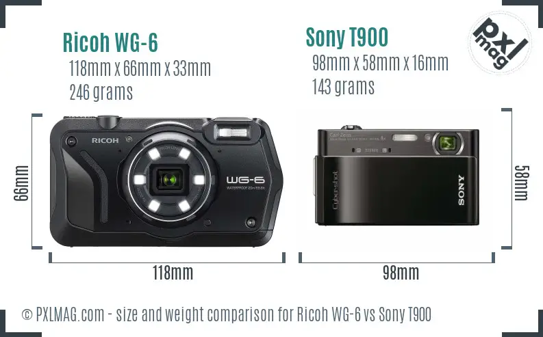 Ricoh WG-6 vs Sony T900 size comparison