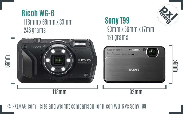 Ricoh WG-6 vs Sony T99 size comparison