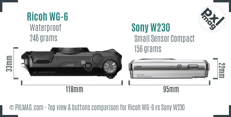 Ricoh WG-6 vs Sony W230 top view buttons comparison