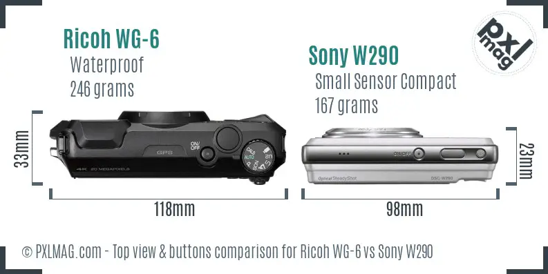 Ricoh WG-6 vs Sony W290 top view buttons comparison