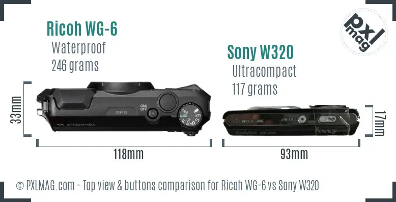 Ricoh WG-6 vs Sony W320 top view buttons comparison