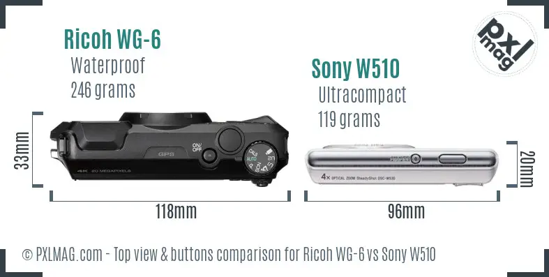 Ricoh WG-6 vs Sony W510 top view buttons comparison