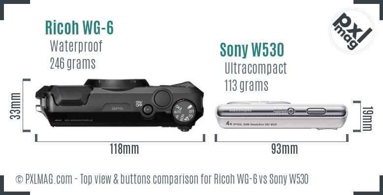 Ricoh WG-6 vs Sony W530 top view buttons comparison