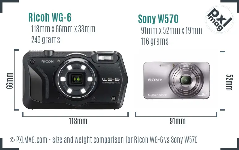 Ricoh WG-6 vs Sony W570 size comparison