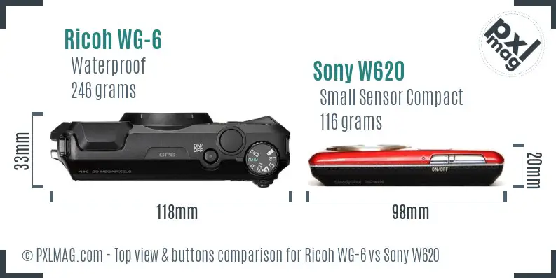 Ricoh WG-6 vs Sony W620 top view buttons comparison