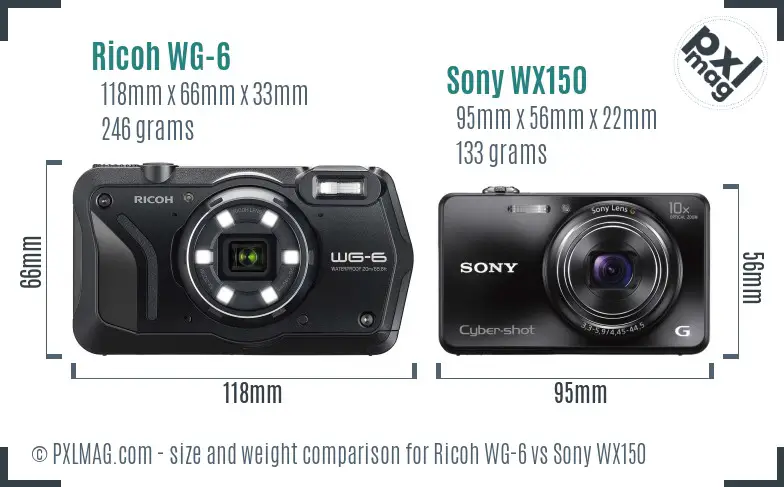 Ricoh WG-6 vs Sony WX150 size comparison