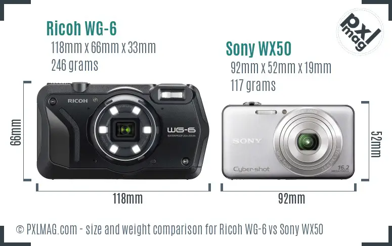 Ricoh WG-6 vs Sony WX50 size comparison