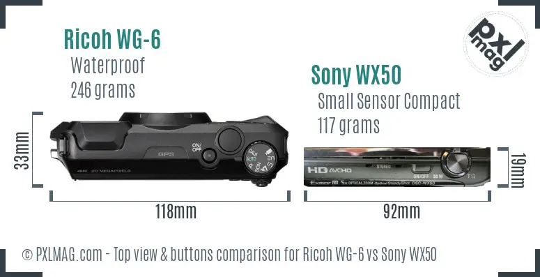 Ricoh WG-6 vs Sony WX50 top view buttons comparison