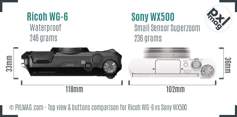 Ricoh WG-6 vs Sony WX500 top view buttons comparison