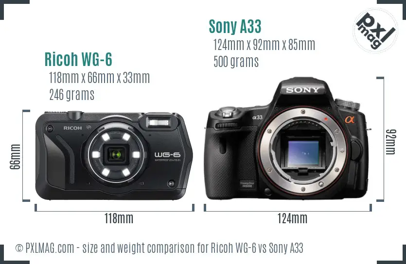 Ricoh WG-6 vs Sony A33 size comparison