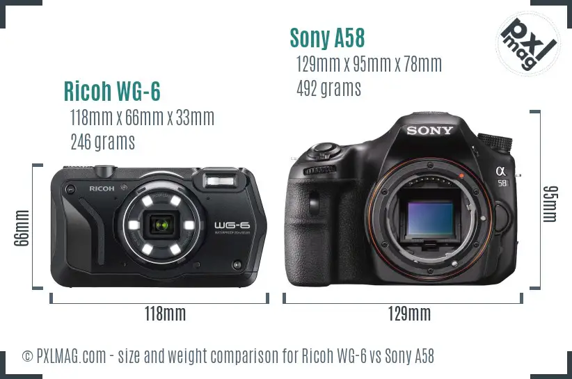 Ricoh WG-6 vs Sony A58 size comparison